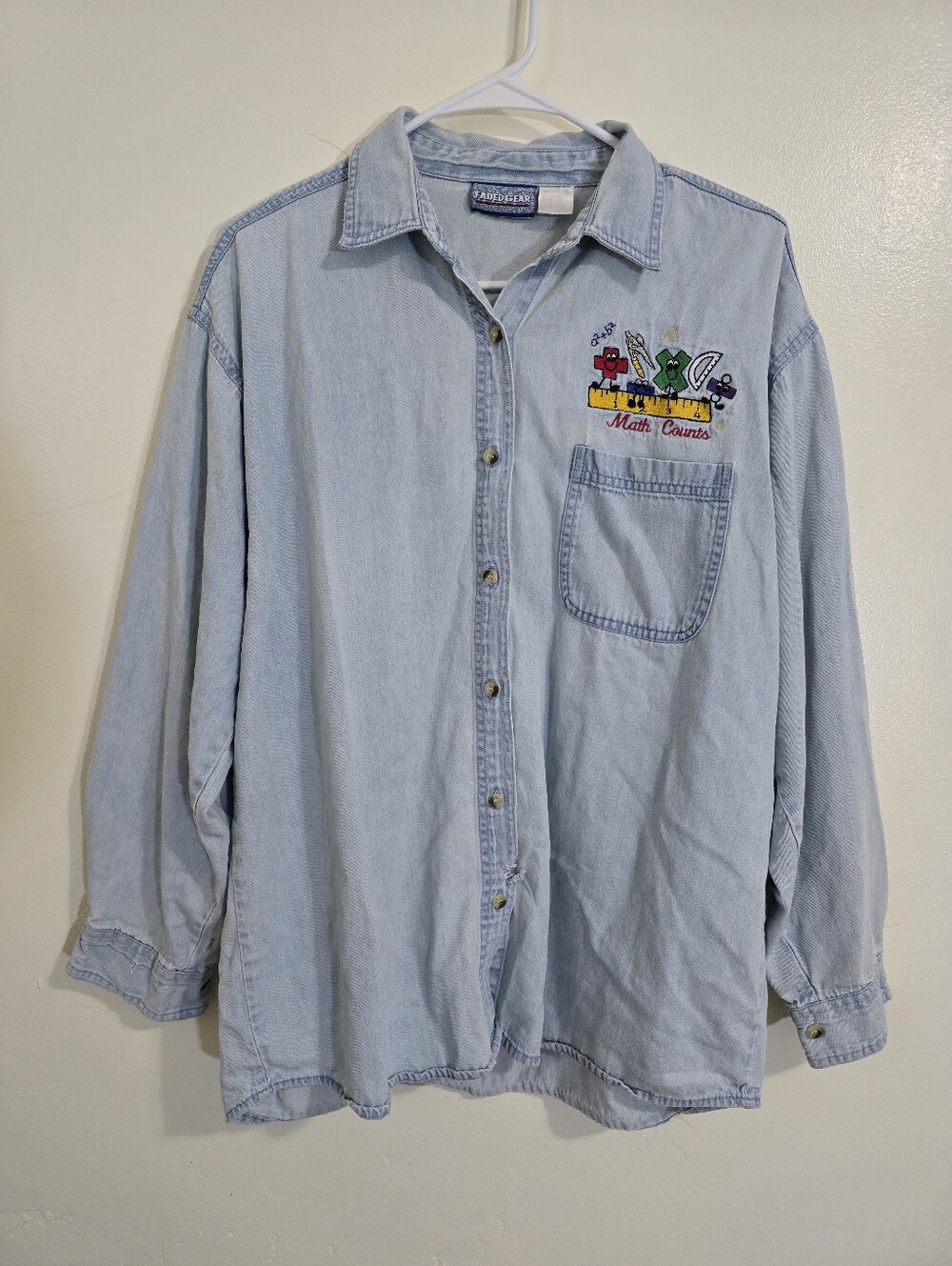 Faded Gear Vtg 90s Denim Button Down Shirt Size L Math Embroidery Teather
